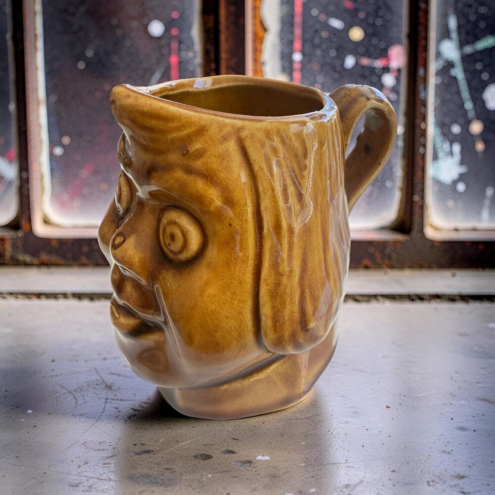 Vintage Small Character Face Mug Brown Glazed Folk Art Pottery Pitcher